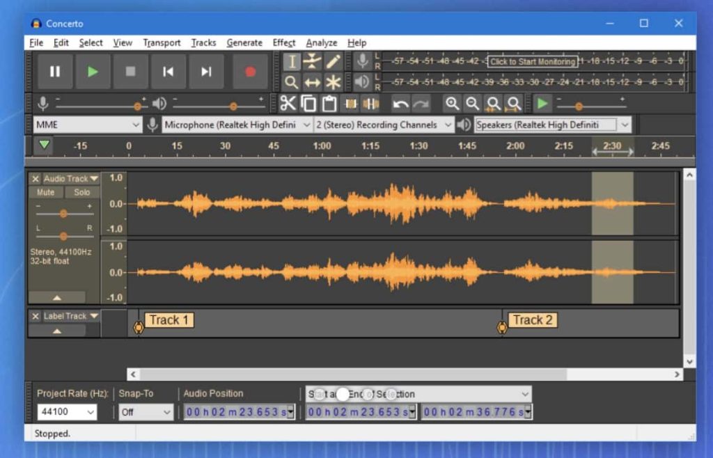 Audacity editing interface