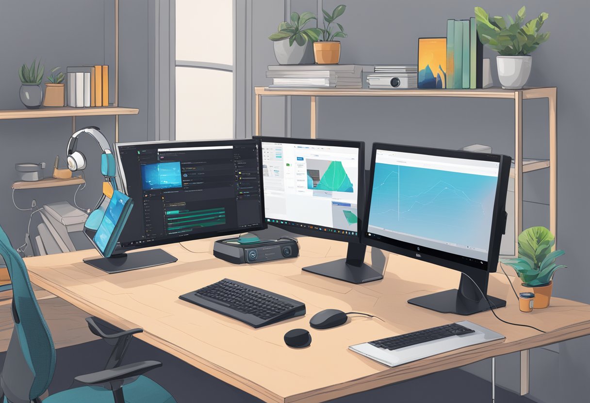 Two computer screens side by side, with Riverside.FM and Zencastr logos displayed. A microphone and headphones are placed on a desk between them