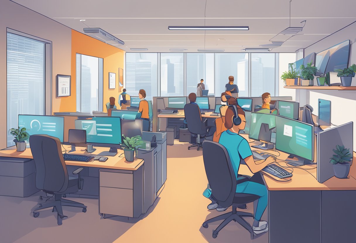 A bustling customer support office with two teams, one for Riverside.FM and one for Zencastr. Each team is busy answering calls and emails, surrounded by resources and technology