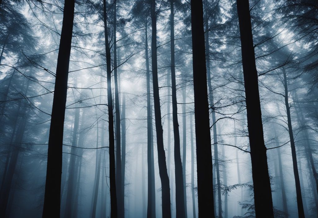 Dark and dense forest scenery representing the eerie theme of Morbid Podcast's best episodes.